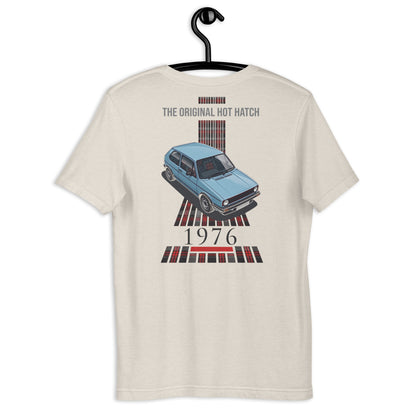 1976 Original Hot Hatch Tee — The Blueprint graphic t-shirt, Heather Dust back view (2) — Marque automotive apparel
