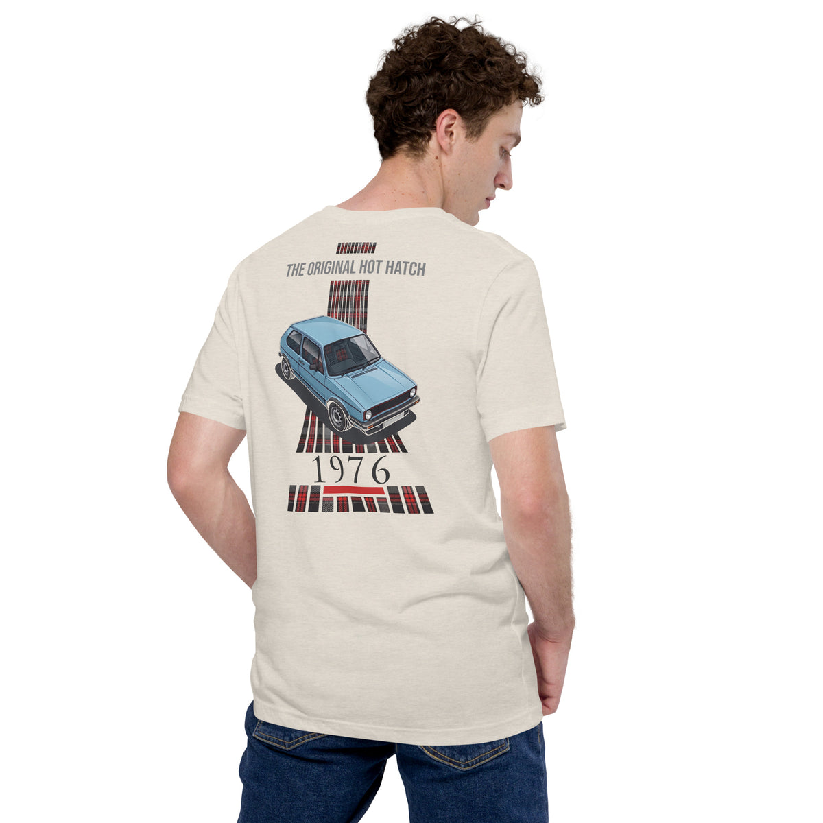 1976 Original Hot Hatch Tee — The Blueprint graphic t-shirt, Heather Dust back view — Marque automotive apparel