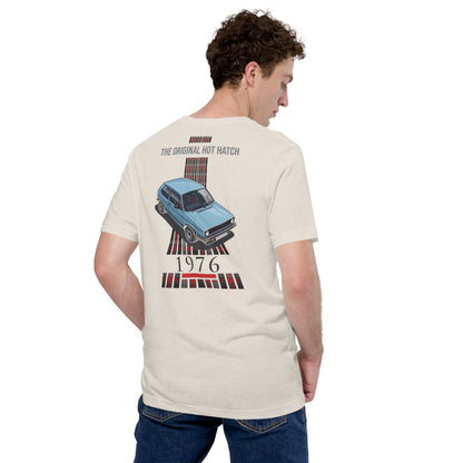 1976 Original Hot Hatch Tee — The Blueprint graphic t-shirt, Heather Dust back view — Marque automotive apparel