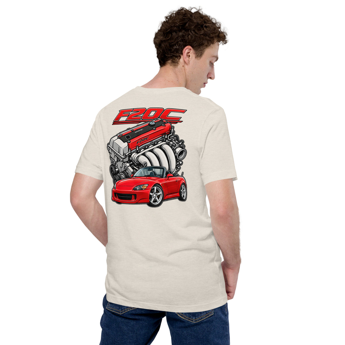 F20C Redline Royalty Tee, Heather Dust back view — Marque automotive apparel