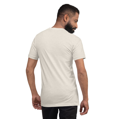 Super Wagon Tee, Heather Dust — worn back view, plain back, Marque automotive apparel