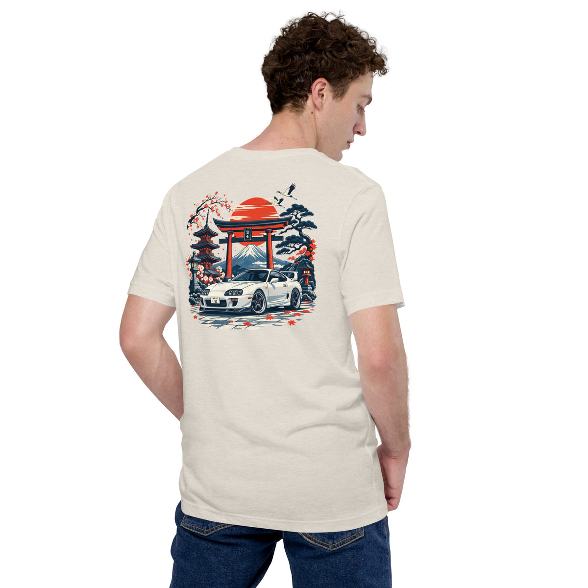 Heather Dust A80 back print tee worn from behind, showing the print scale on the body