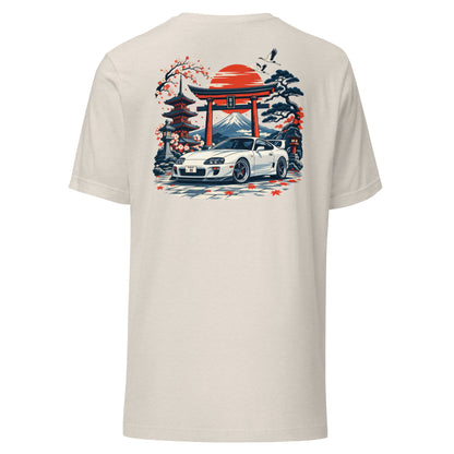 Heather Dust A80 back print t-shirt laid flat — torii gate, rising sun and a white Japanese coupe across the back