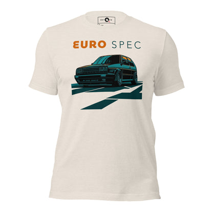Euro Spec Tee — Mk2 Hot Hatch graphic t-shirt, Heather Dust front view — Marque automotive apparel