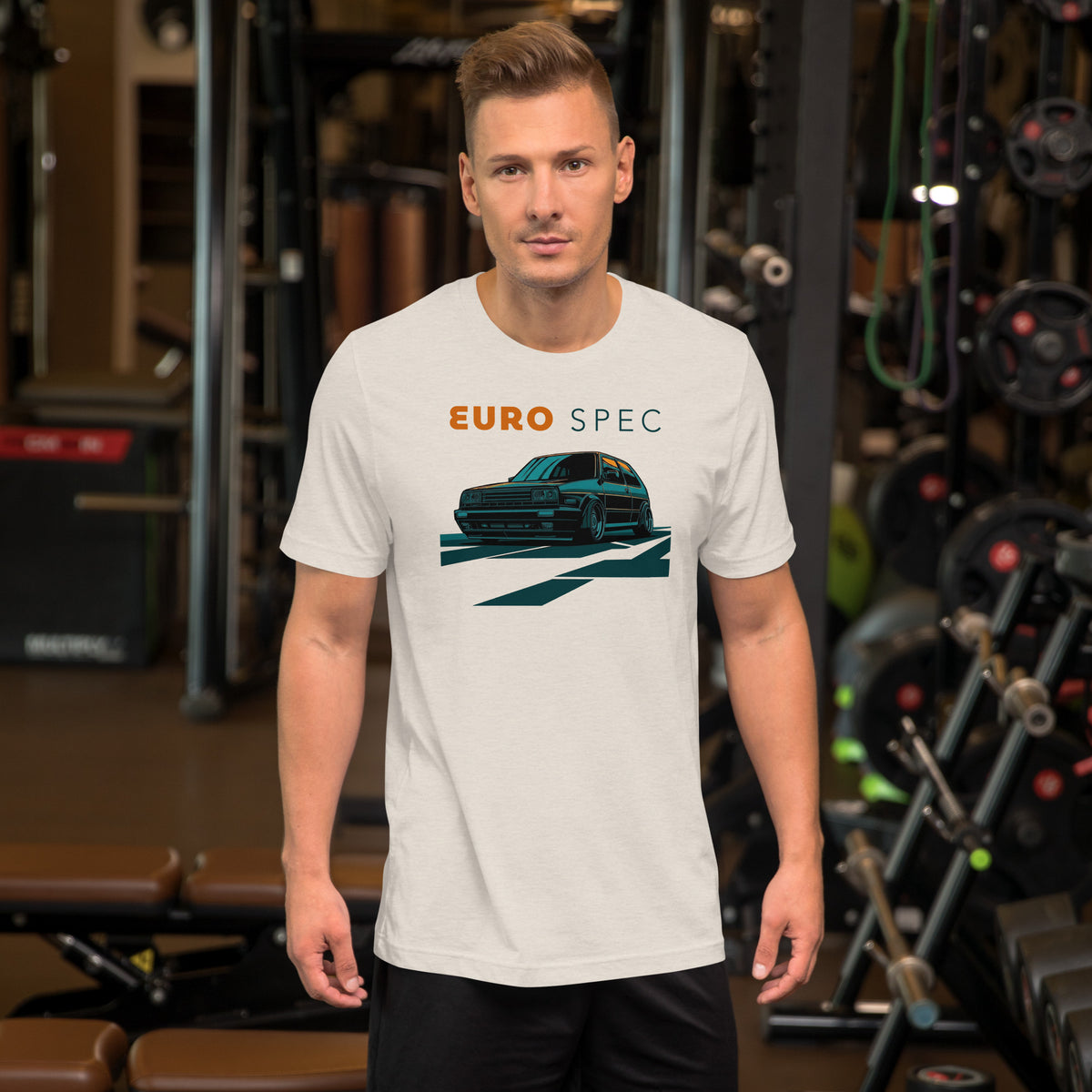 Euro Spec Tee — Mk2 Hot Hatch graphic t-shirt, Heather Dust front view (3) — Marque automotive apparel