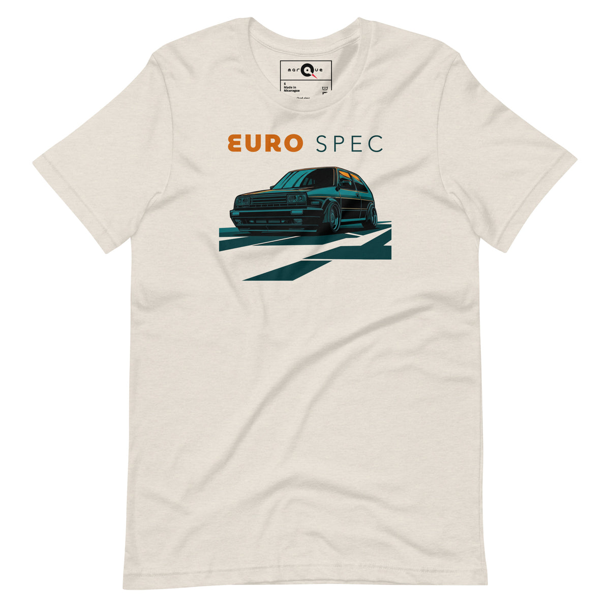 Euro Spec Tee — Mk2 Hot Hatch graphic t-shirt, Heather Dust front view (4) — Marque automotive apparel