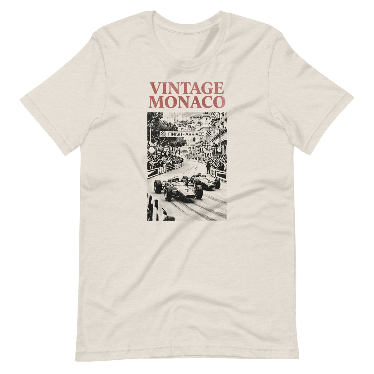 Vintage Monaco tee, Heather Dust front view — Marque automotive apparel