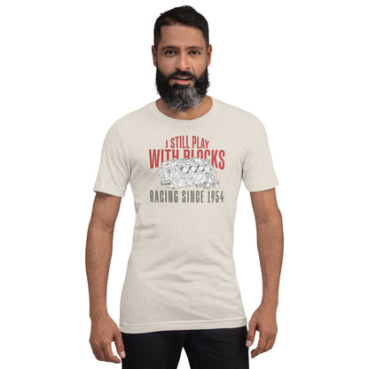 I Still Play With Blocks Tee, Heather Dust — worn front view, Marque automotive apparel