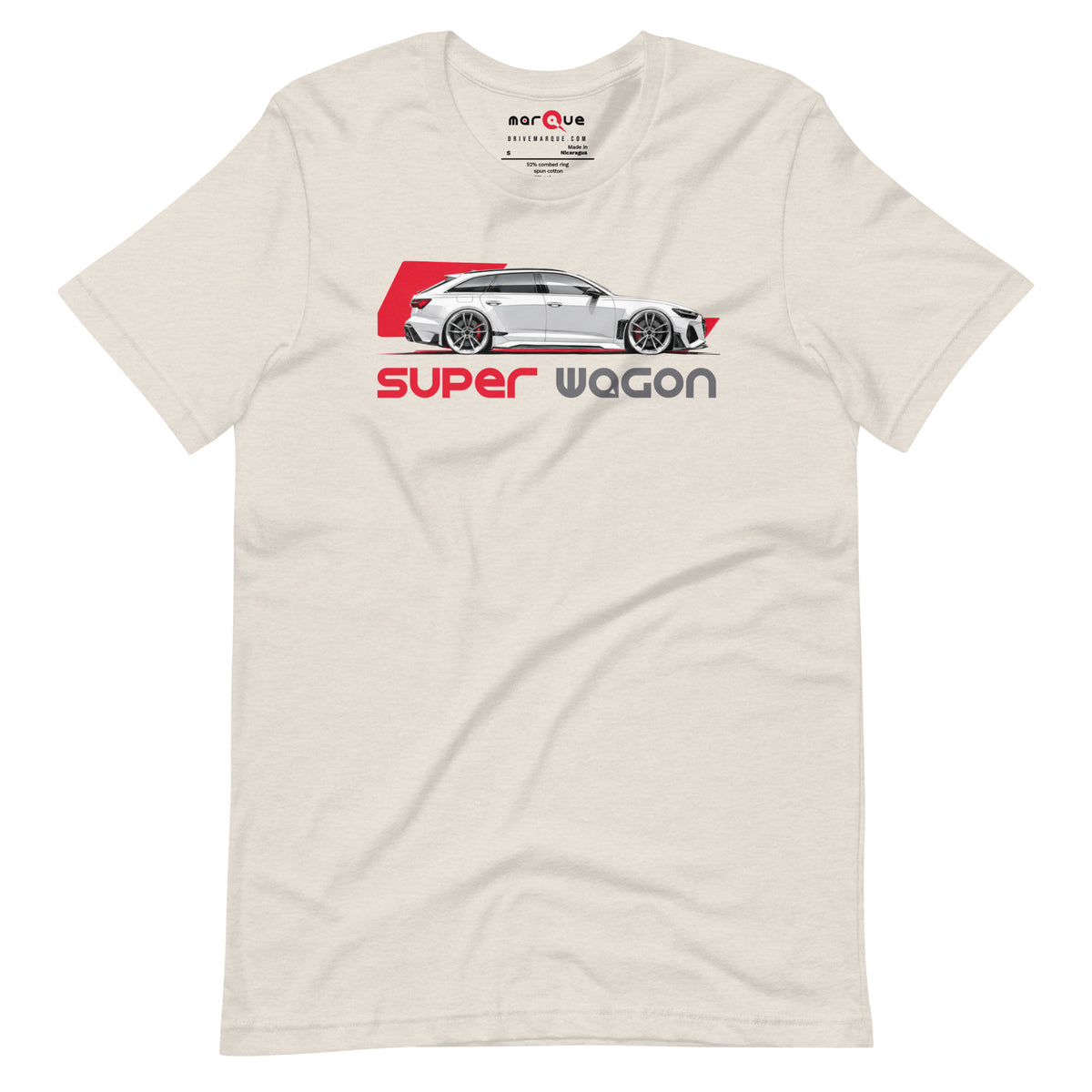 Super Wagon Tee, Heather Dust front view — wide-arch super-estate side profile print, Marque automotive apparel