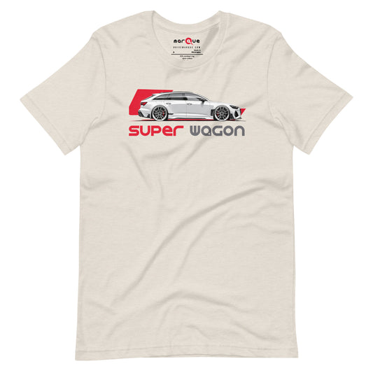 Super Wagon Tee, Heather Dust front view — wide-arch super-estate side profile print, Marque automotive apparel