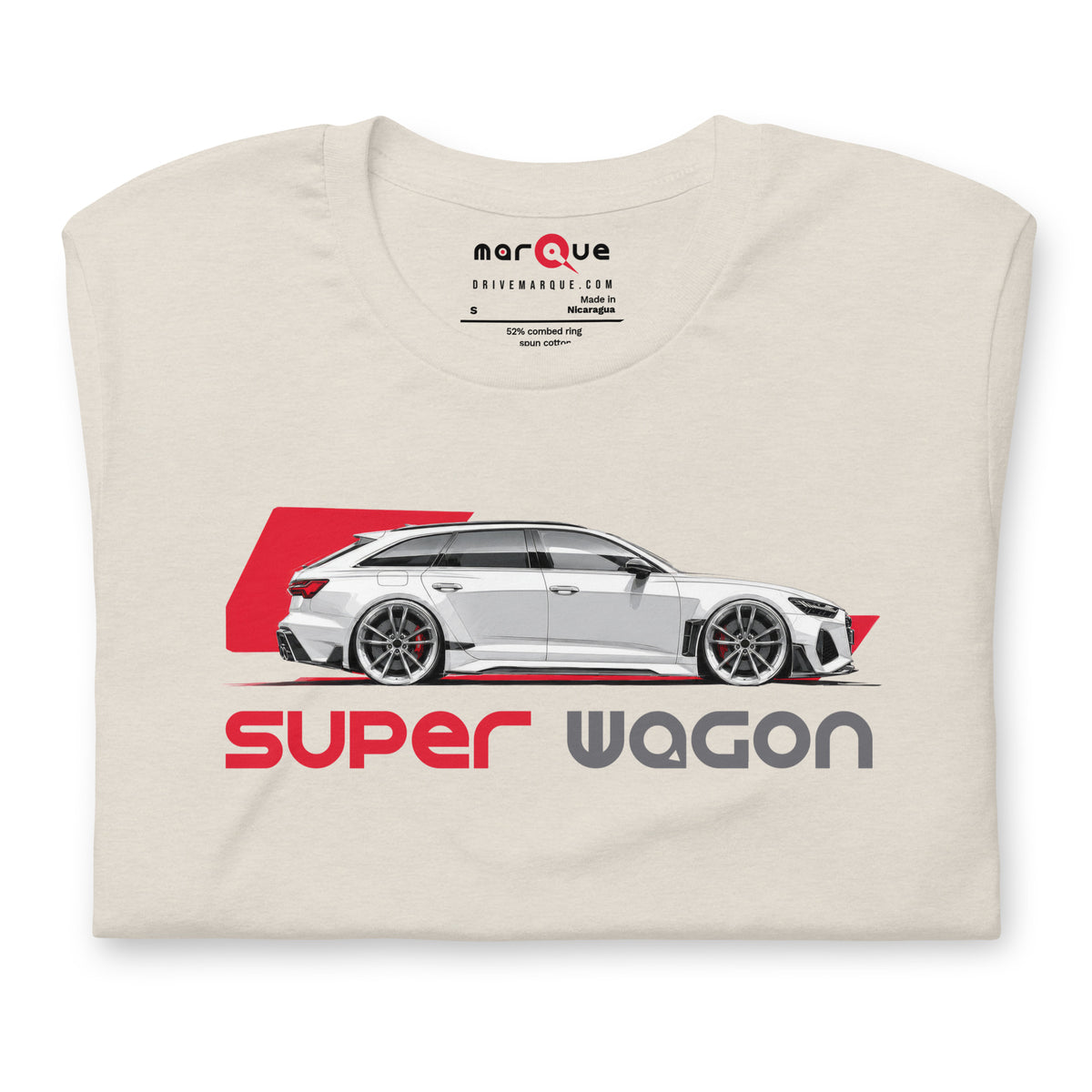 Super Wagon Tee, Heather Dust — folded flat lay, front print detail, Marque automotive apparel