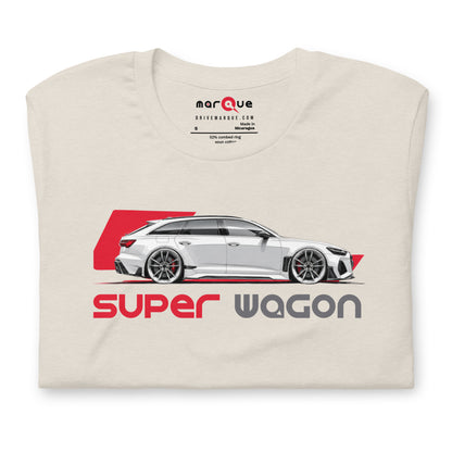Super Wagon Tee, Heather Dust — folded flat lay, front print detail, Marque automotive apparel