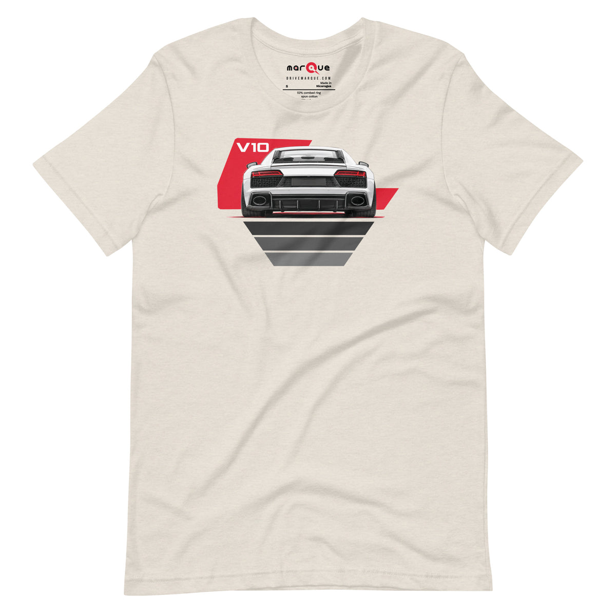The Sensible Supercar Tee, Heather Dust front view — mid-engined V10 rear-view print, Marque automotive apparel