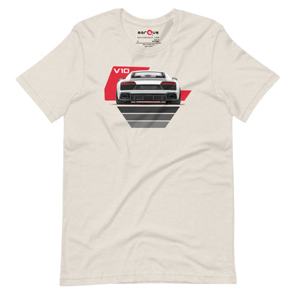 The Sensible Supercar Tee, Heather Dust front view — mid-engined V10 rear-view print, Marque automotive apparel