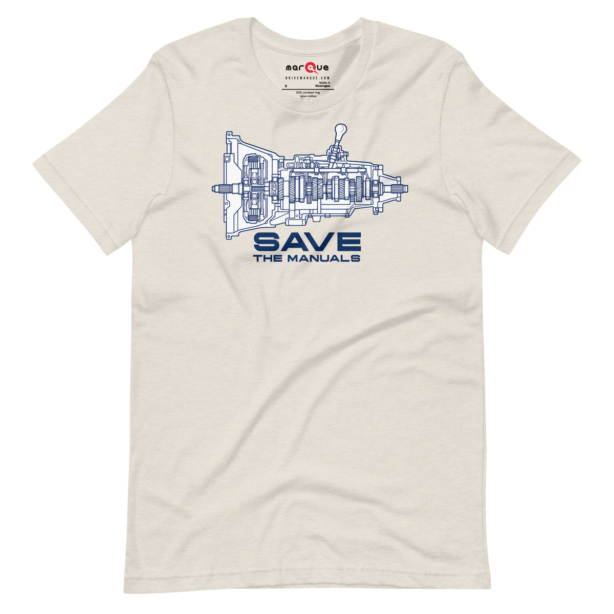 Manual Blueprint Tee, Heather Dust flat lay — gearbox cutaway print, Marque automotive apparel