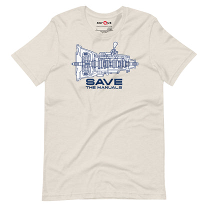 Manual Blueprint Tee, Heather Dust flat lay — gearbox cutaway print, Marque automotive apparel