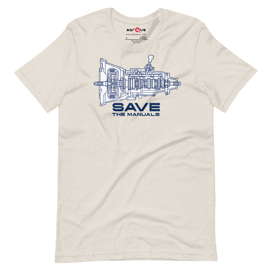 Manual Blueprint Tee, Heather Dust flat lay — gearbox cutaway print, Marque automotive apparel