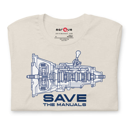 Manual Blueprint Tee, Heather Dust print detail — gearbox cutaway print, Marque automotive apparel