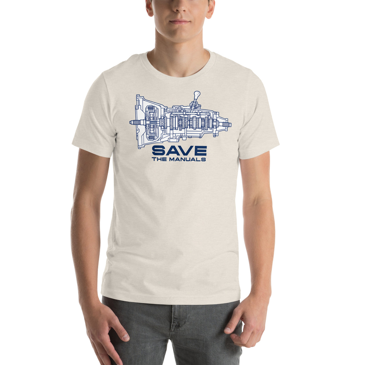 Manual Blueprint Tee, Heather Dust front view — gearbox cutaway print, Marque automotive apparel