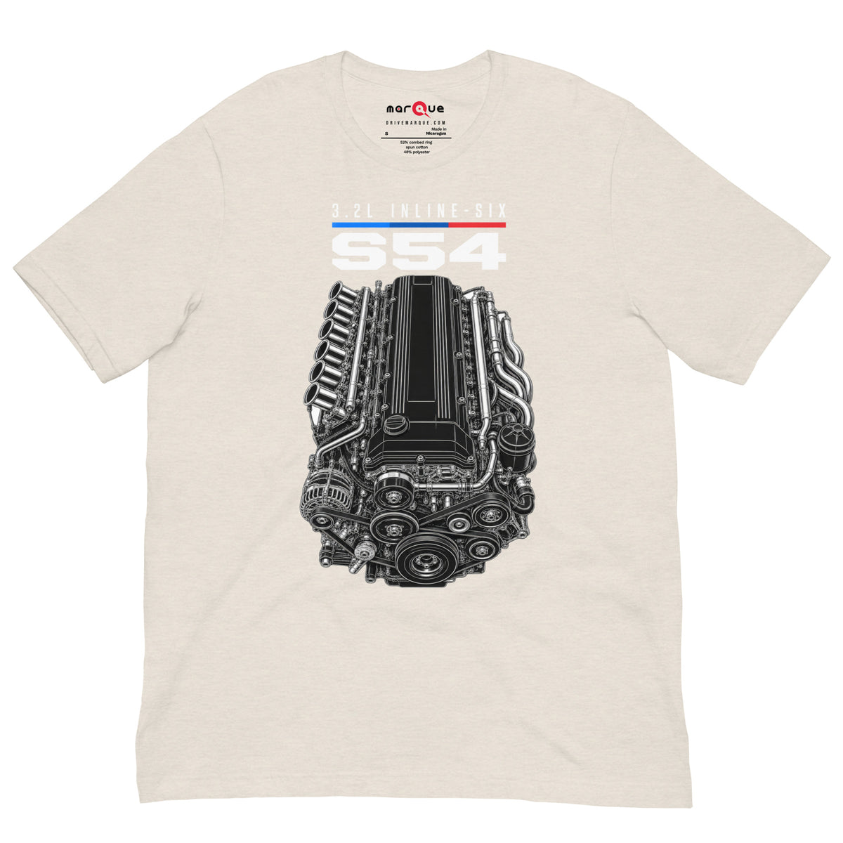 Engine Icon Tee — S54 Inline-Six, Heather Dust front view — 3.2L inline-six technical drawing, Marque automotive apparel