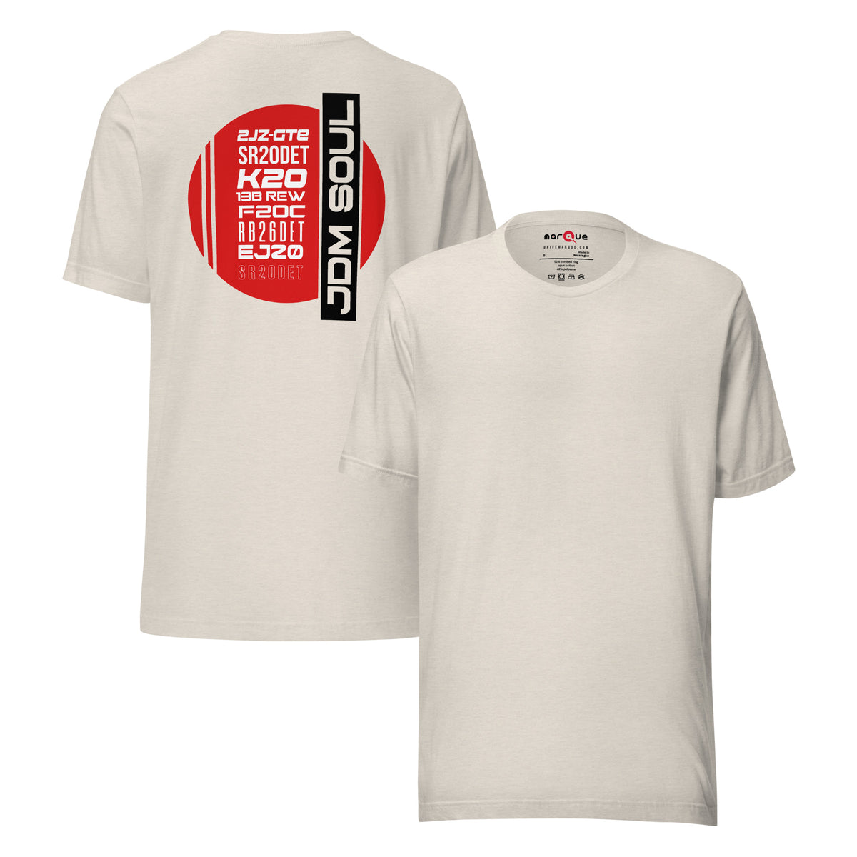 JDM Engine Icons Tee — The Code Sheet graphic t-shirt, Heather Dust front and back — Marque automotive apparel