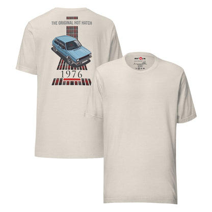 1976 Original Hot Hatch Tee — The Blueprint graphic t-shirt, Heather Dust front and back — Marque automotive apparel