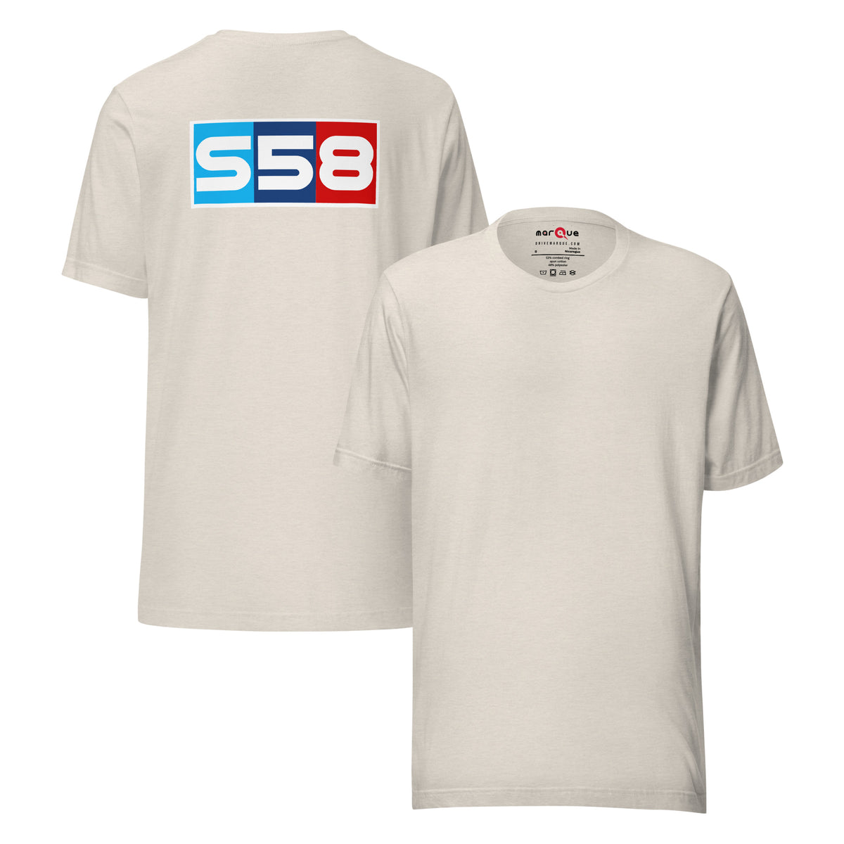 Bavarian Twin-Turbo Tee — S58 Straight-Six graphic t-shirt, Heather Dust front and back — Marque automotive apparel