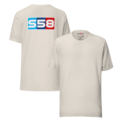 Bavarian Twin-Turbo Tee — S58 Straight-Six graphic t-shirt, Heather Dust front and back — Marque automotive apparel