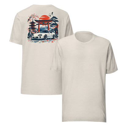 Heather Dust A80 tee back and front together, showing the plain front alongside the back print