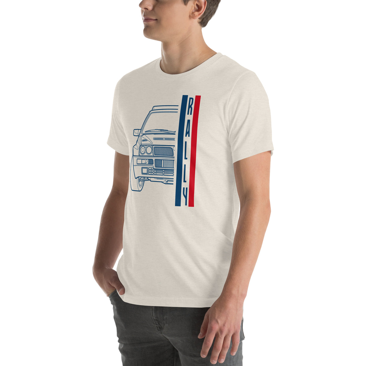 Group A Rally Tee — Six in a Row graphic t-shirt, Heather Dust angled front view — Marque automotive apparel