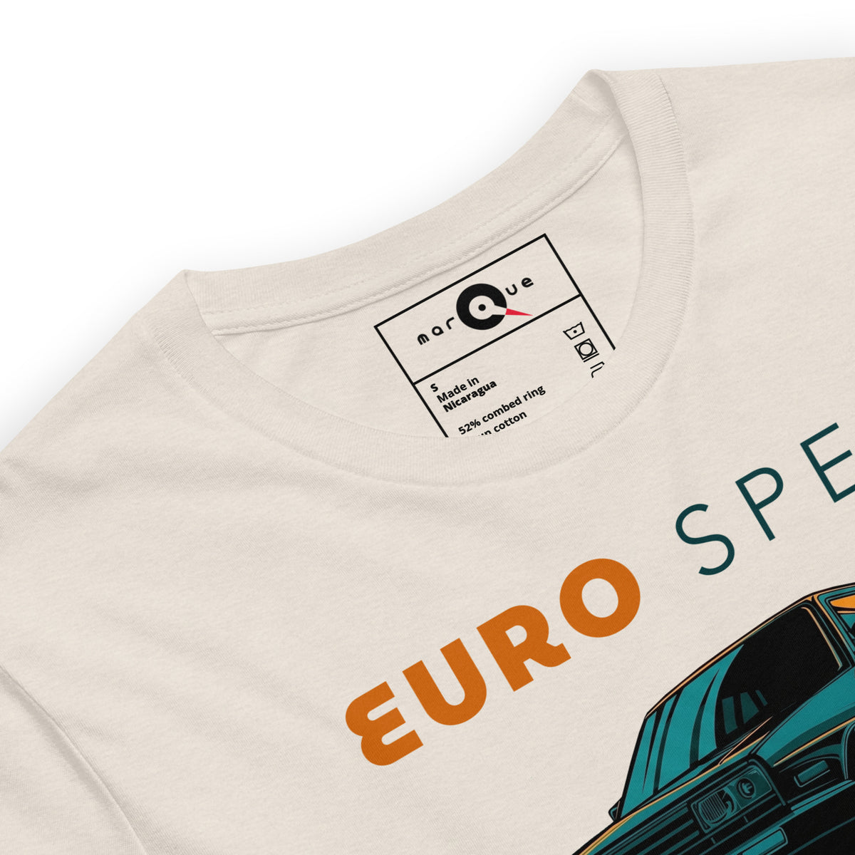 Euro Spec Tee — Mk2 Hot Hatch graphic t-shirt, Heather Dust print detail — Marque automotive apparel