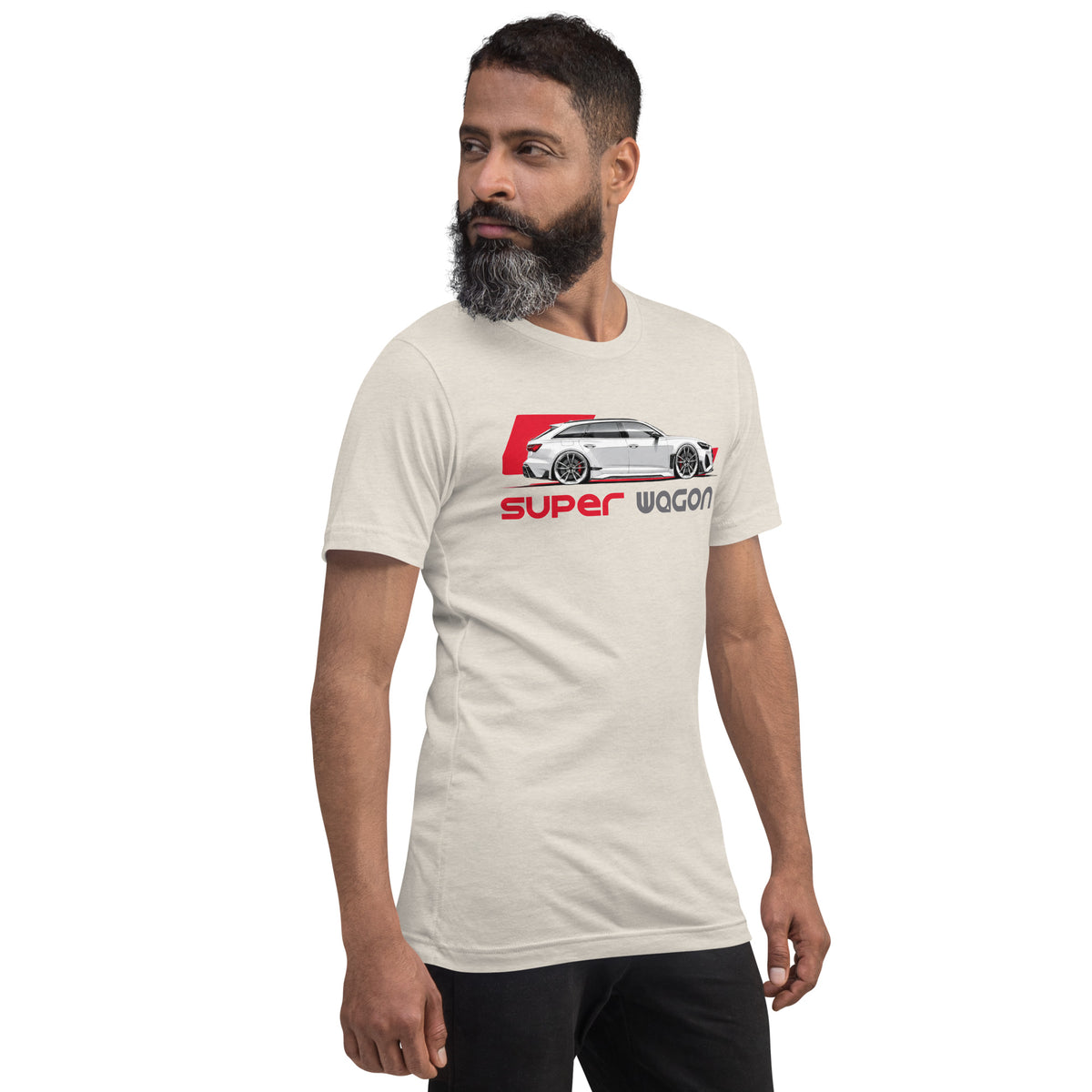 Super Wagon Tee, Heather Dust — worn right front three-quarter view, Marque automotive apparel