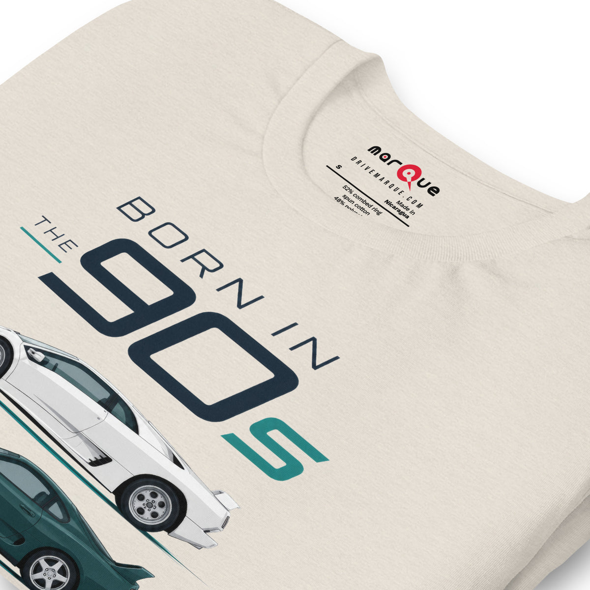 Born in the 90s tee, Heather Dust print detail — Marque automotive apparel