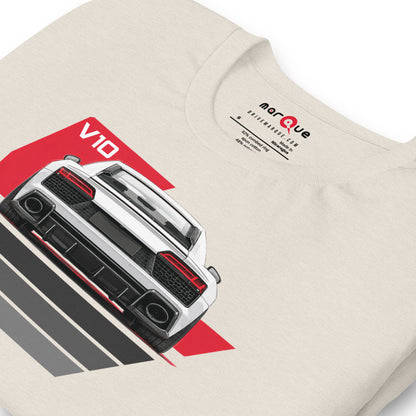 The Sensible Supercar Tee, Heather Dust — front print detail, V10 supercar rear view, Marque automotive apparel