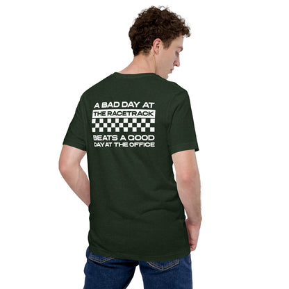 Bad Track Day Tee — Beats the Office graphic t-shirt, Heather Emerald back view — Marque automotive apparel