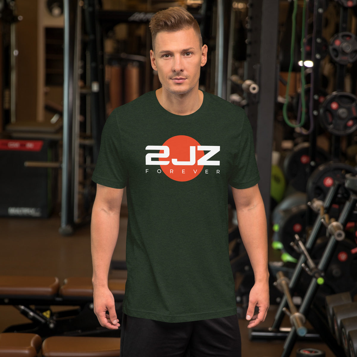 2JZ Forever Tee — Rising Sun graphic t-shirt, Heather Emerald front view (5) — Marque automotive apparel