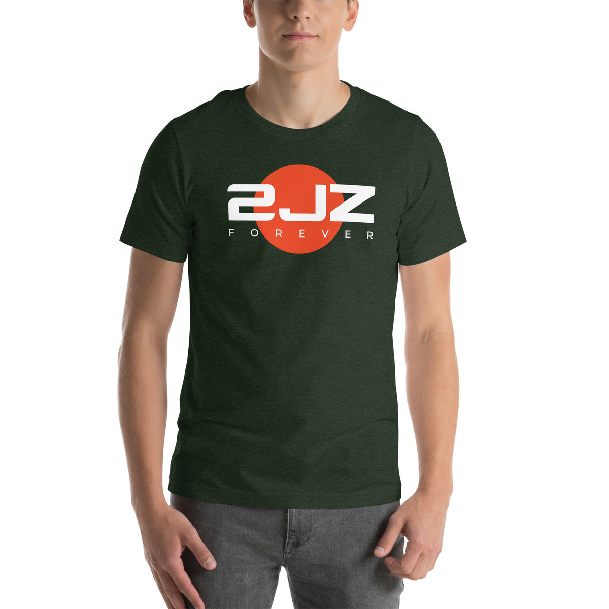2JZ Forever Tee — Rising Sun graphic t-shirt, Heather Emerald front view — Marque automotive apparel