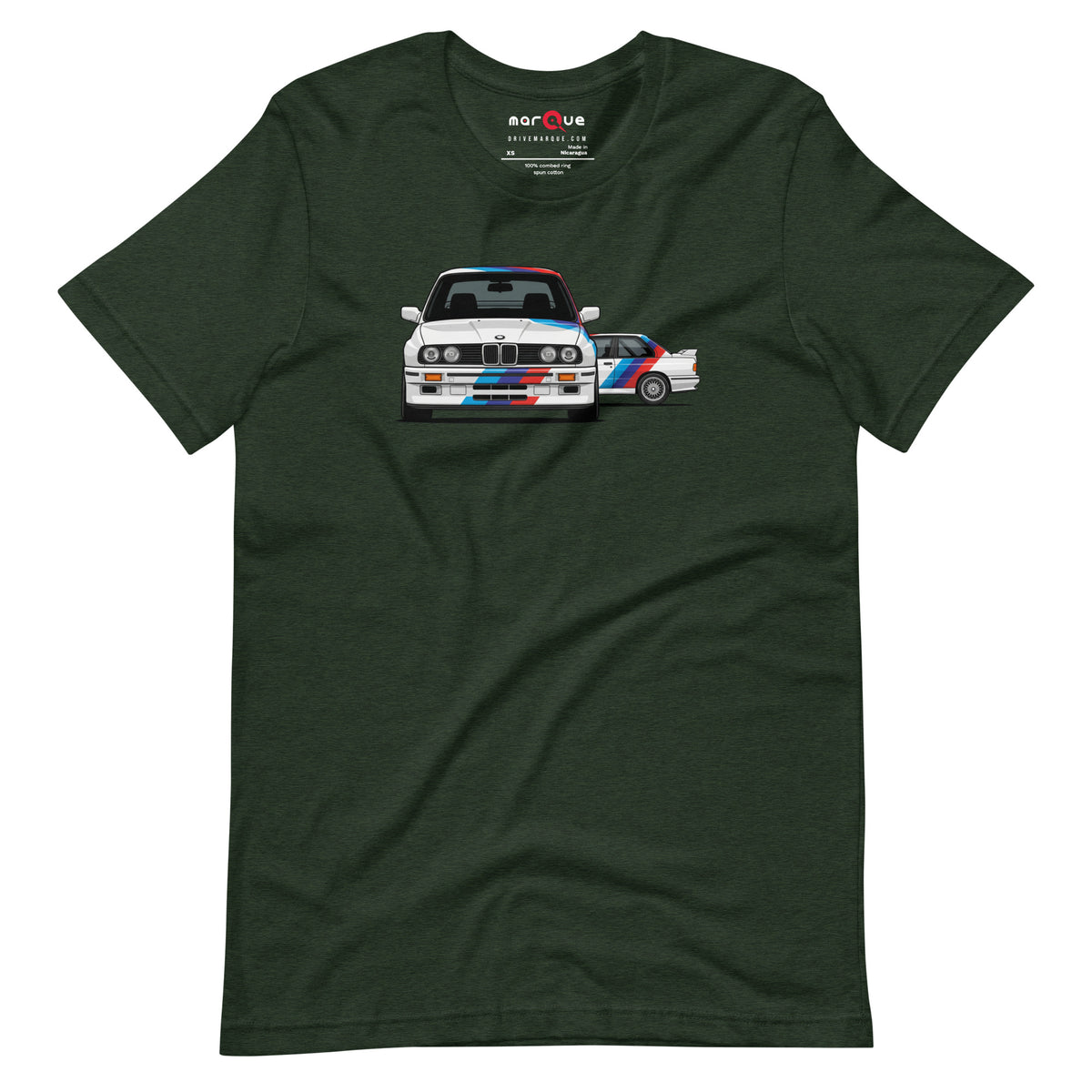 E30 Box Flare Tee — Widebody Icon graphic t-shirt, Heather Emerald front view — Marque automotive apparel