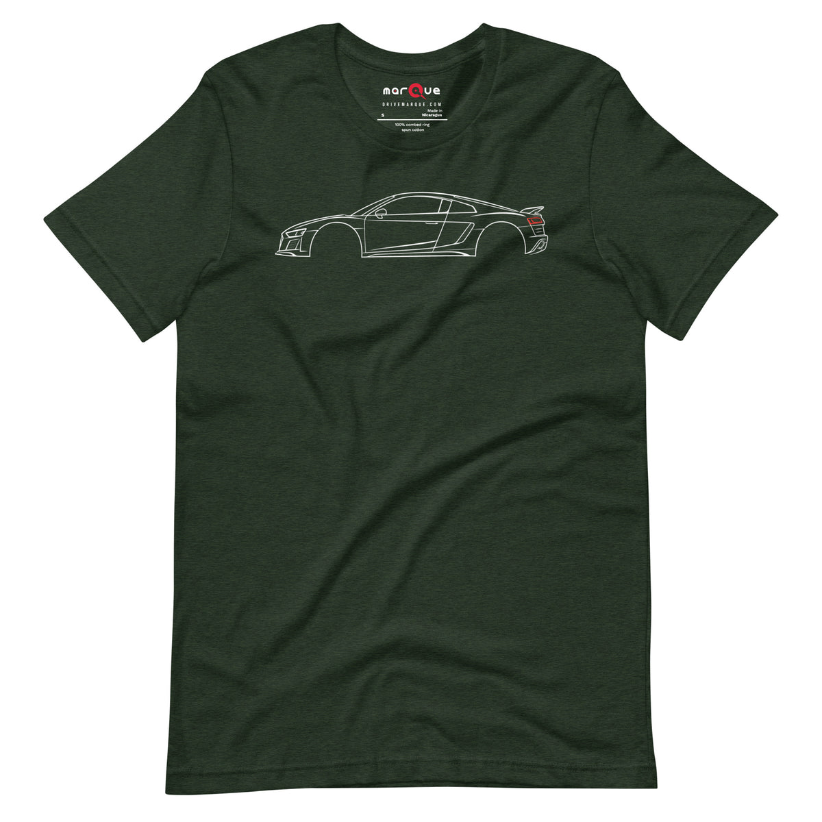 Heather Emerald V10 t-shirt — fine white line drawing of a mid-engine two-seater in profile
