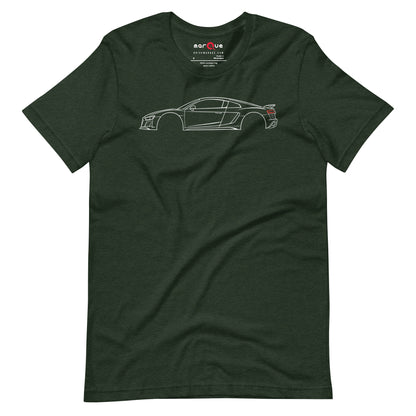 Heather Emerald V10 t-shirt — fine white line drawing of a mid-engine two-seater in profile