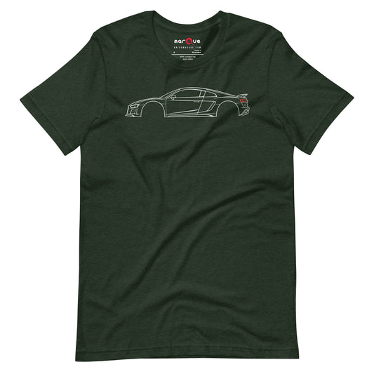 Heather Emerald V10 t-shirt — fine white line drawing of a mid-engine two-seater in profile