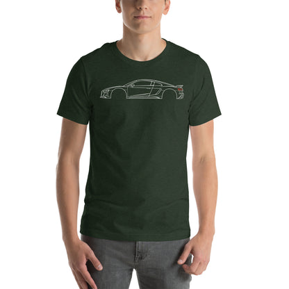 Heather Emerald V10 tee worn front-on, showing the print scale on the body