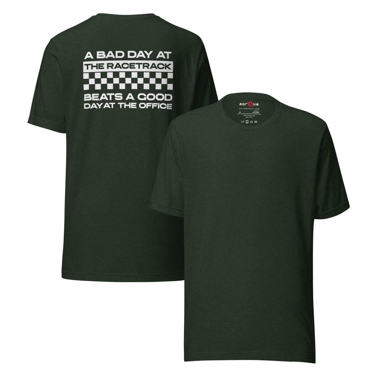 Bad Track Day Tee — Beats the Office graphic t-shirt, Heather Emerald front and back — Marque automotive apparel