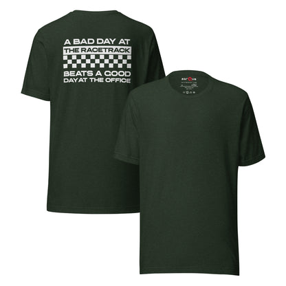 Bad Track Day Tee — Beats the Office graphic t-shirt, Heather Emerald front and back — Marque automotive apparel