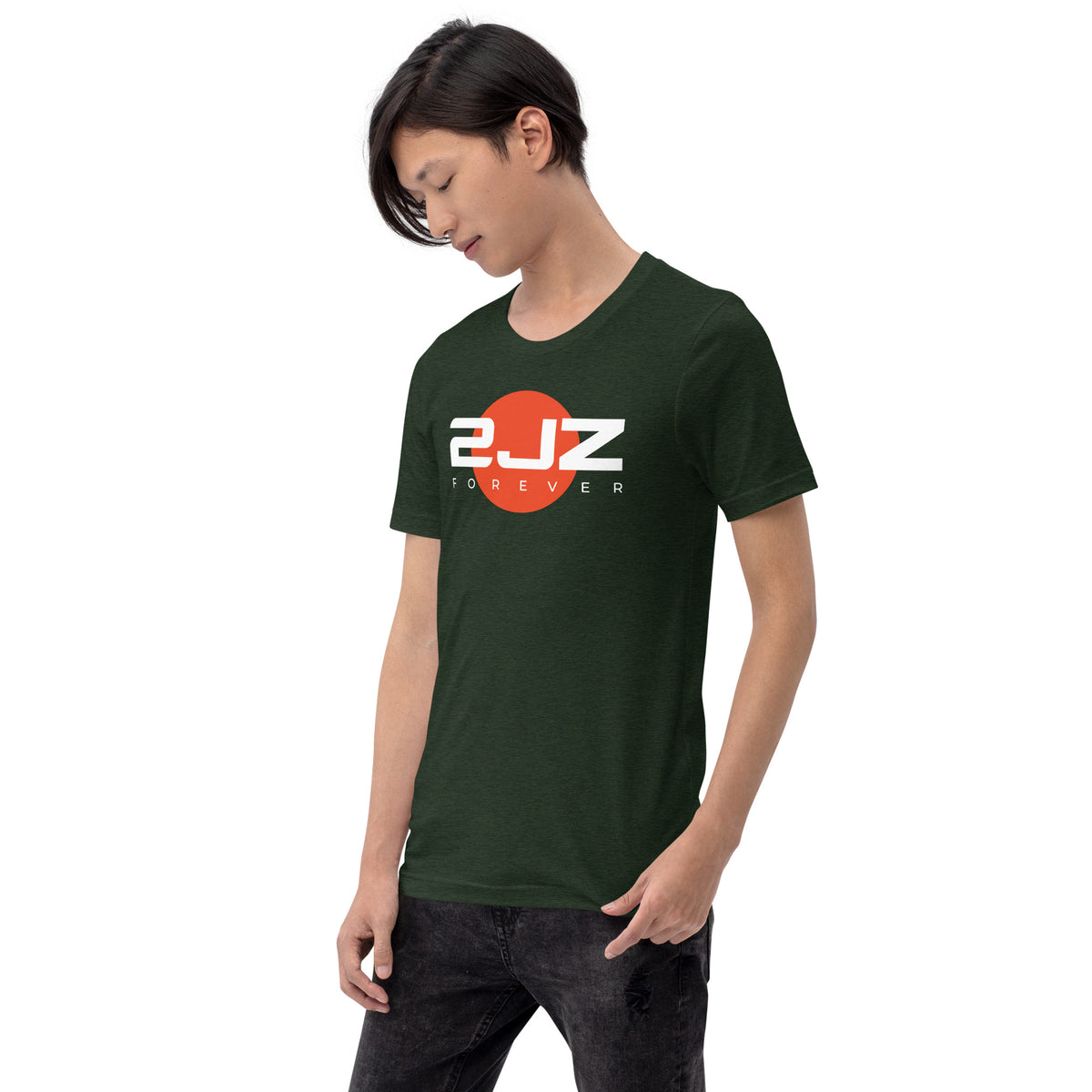 2JZ Forever Tee — Rising Sun graphic t-shirt, Heather Emerald front view (4) — Marque automotive apparel