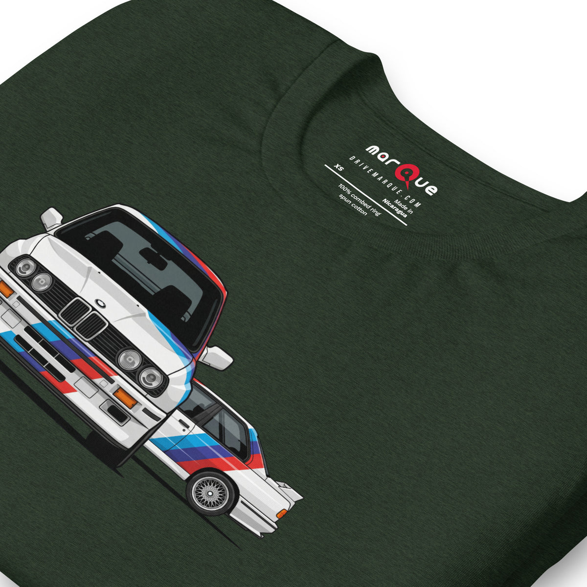 E30 Box Flare Tee — Widebody Icon graphic t-shirt, Heather Emerald print detail — Marque automotive apparel