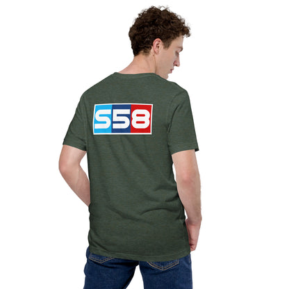 Bavarian Twin-Turbo Tee — S58 Straight-Six graphic t-shirt, Heather Forest back view — Marque automotive apparel