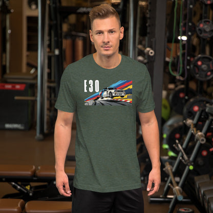 E30 Touring Car Tee — Group A Heritage graphic t-shirt, Heather Forest front view — Marque automotive apparel