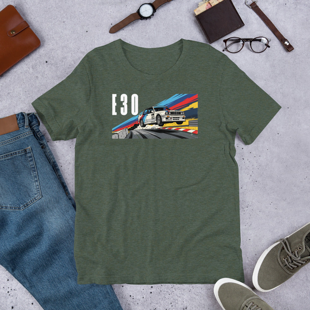 E30 Touring Car Tee — Group A Heritage graphic t-shirt, Heather Forest front view (2) — Marque automotive apparel