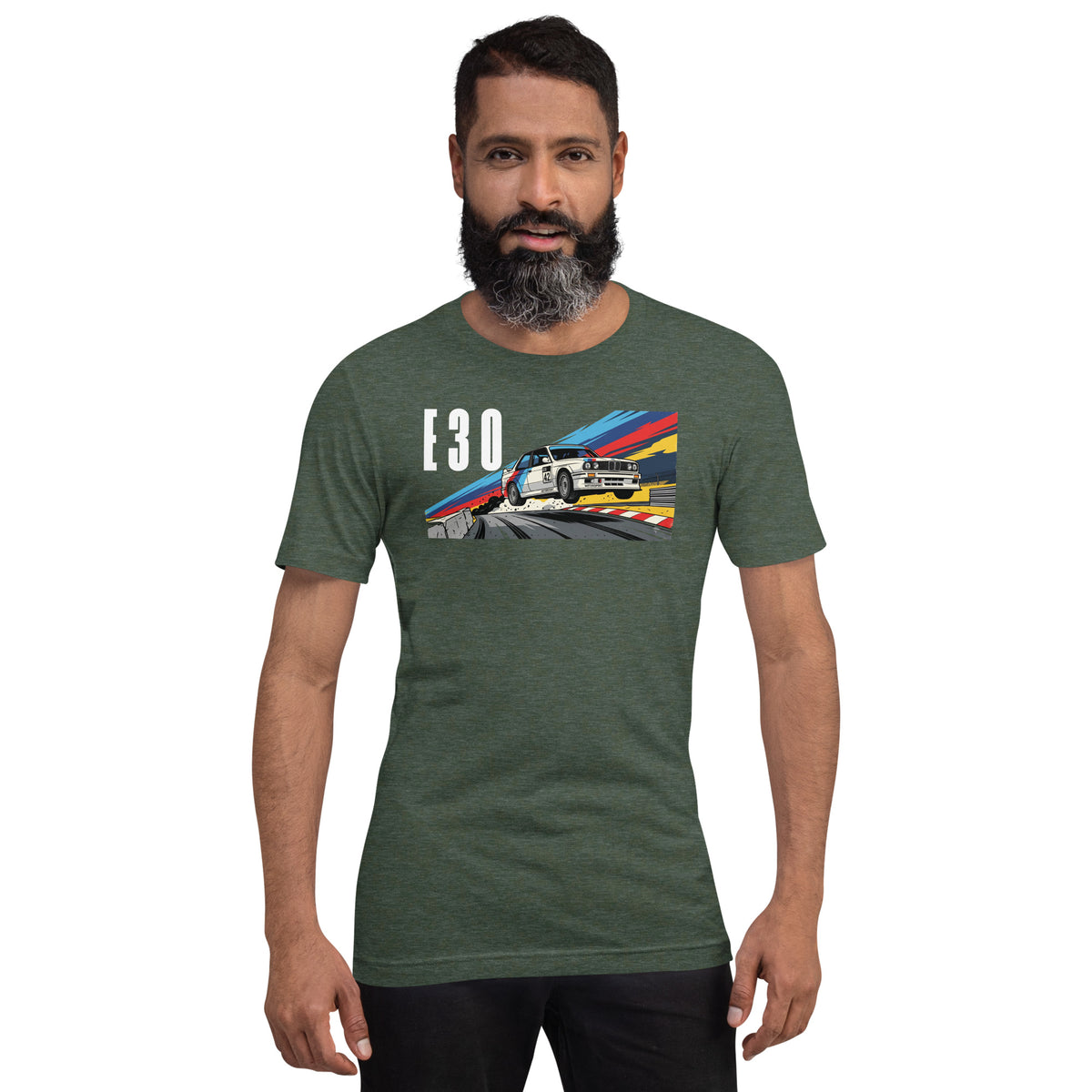 E30 Touring Car Tee — Group A Heritage graphic t-shirt, Heather Forest front view (3) — Marque automotive apparel